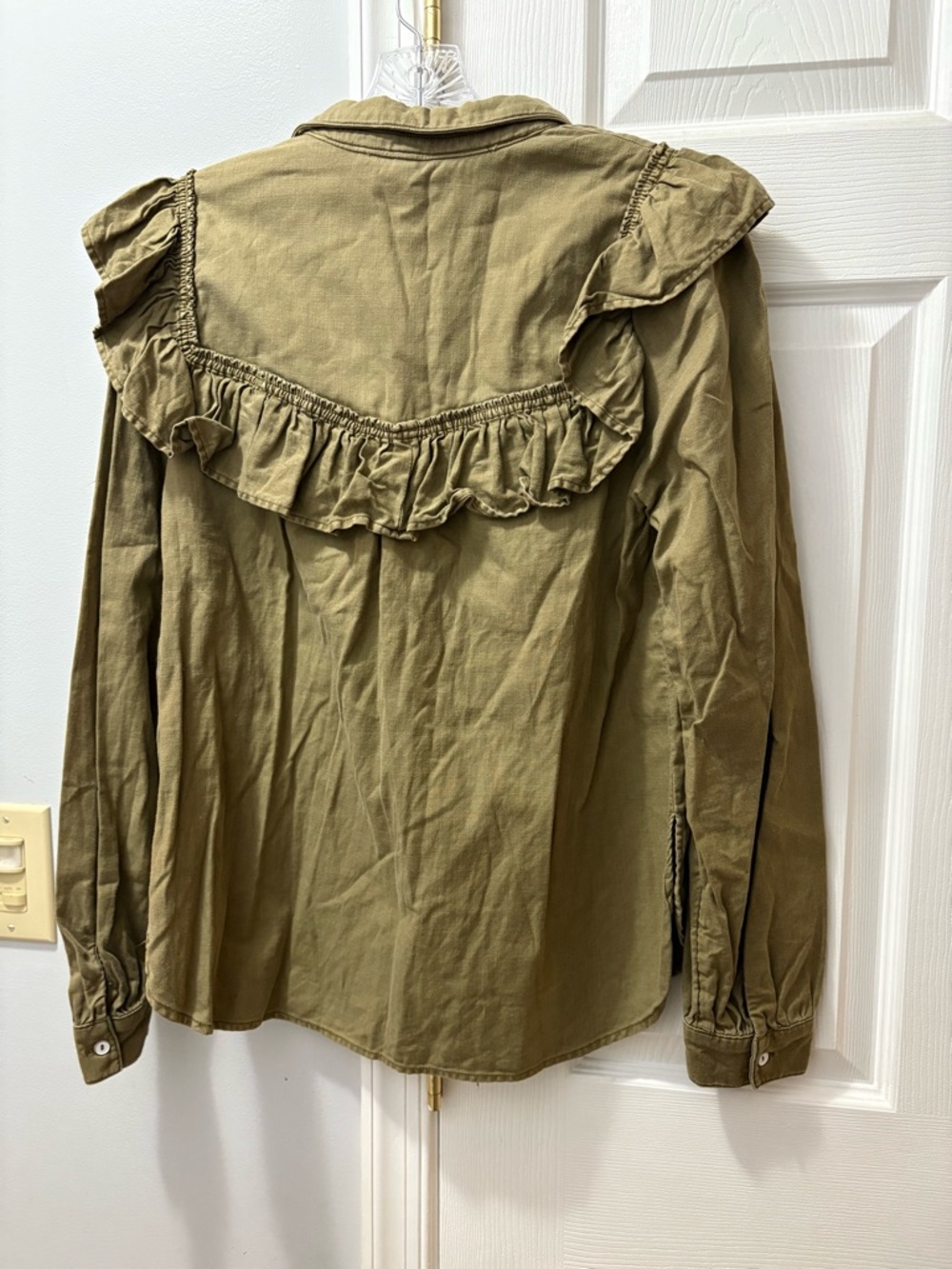 Anthropologie Pilcro ruffle chambray cotton button down top green size medium - Picture 2 of 4